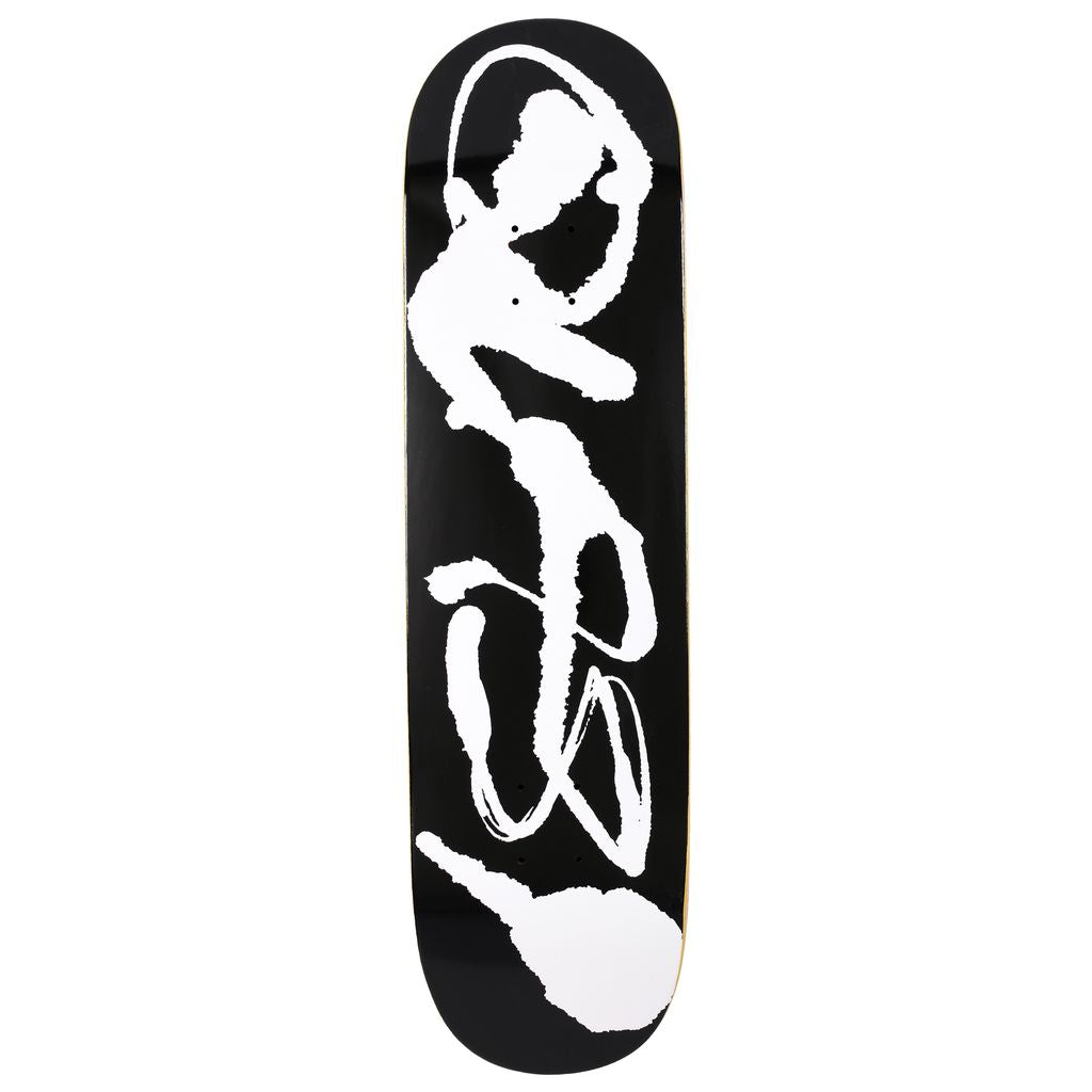 Skateboard deck with white silhouette design on a black background