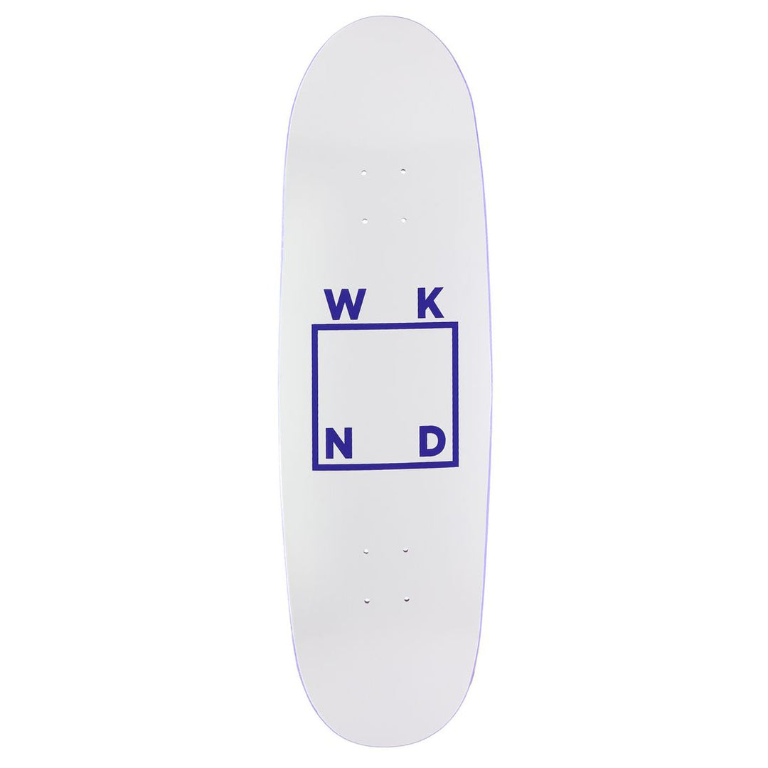 White skateboard deck with blue 'WKND' logo 