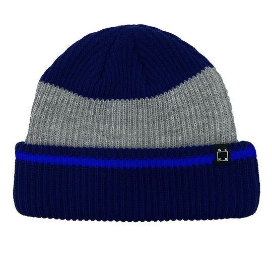 Two-tone blue and gray beanie with a blue stripe on a white background