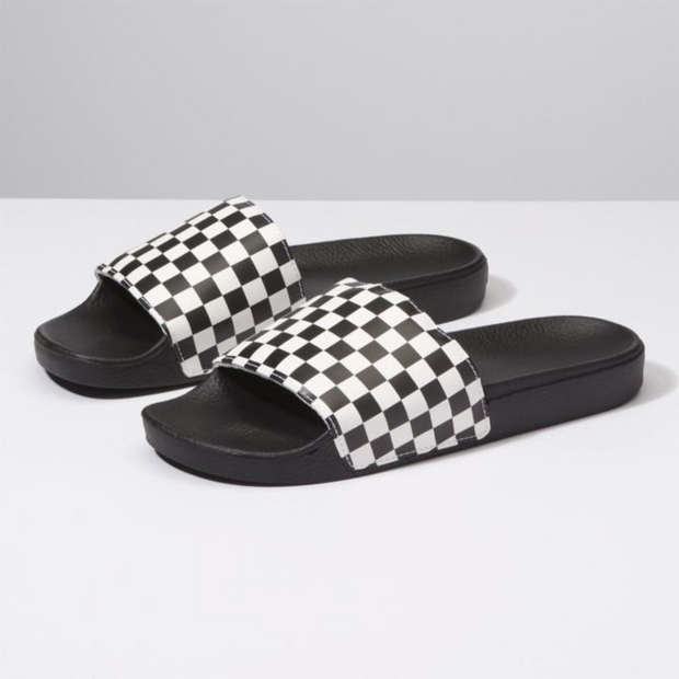 Black checkered top vans slides